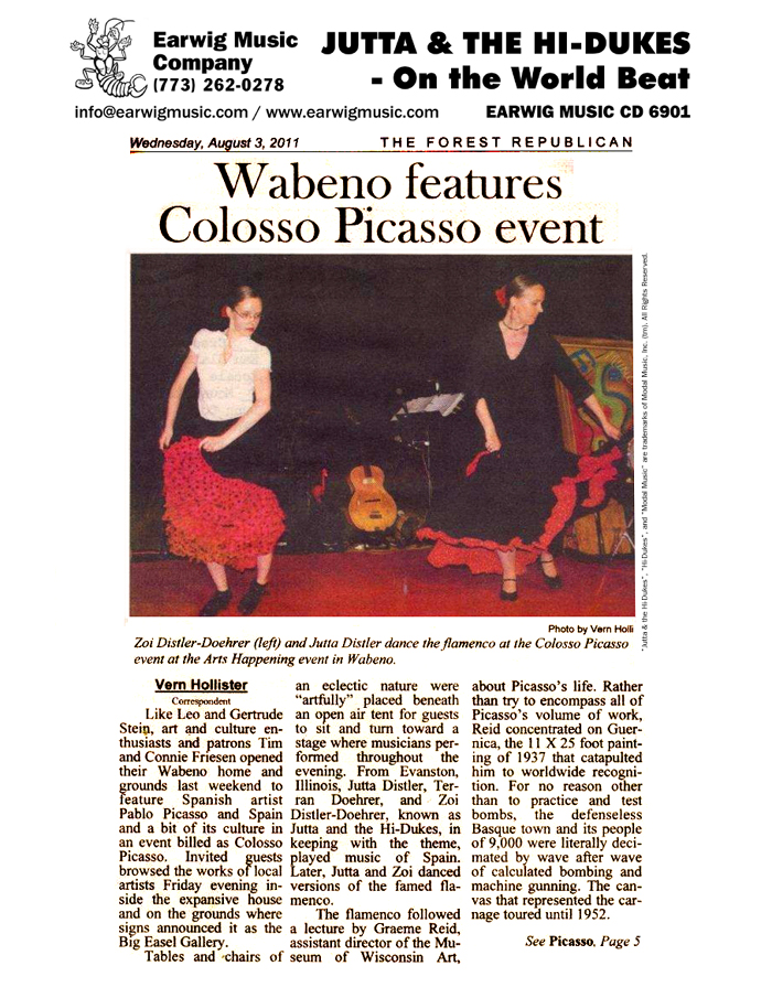 Image of the Wabeno Wisconsin Forest Republican August 3, 2011 newspaper clipping about Jutta & the Hi-Dukes (tm) Design &copy; 2011 Modal Music, Inc. (tm) All rights reserved.